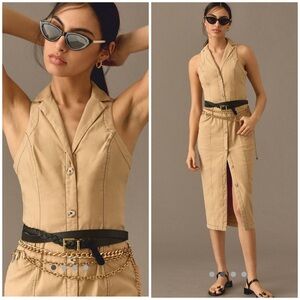 💋Anthropologie sleeveless bodycon shirt Tan beige Midi Dress size 6